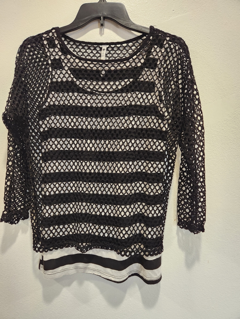 Black Crochet Open-Knit Striped Top